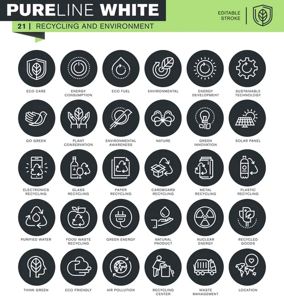 Ensemble d'icônes de ligne mince pour le recyclage et l'environnement. Icônes pour site Web et site Web mobile et applications avec course modifiable . — Image vectorielle