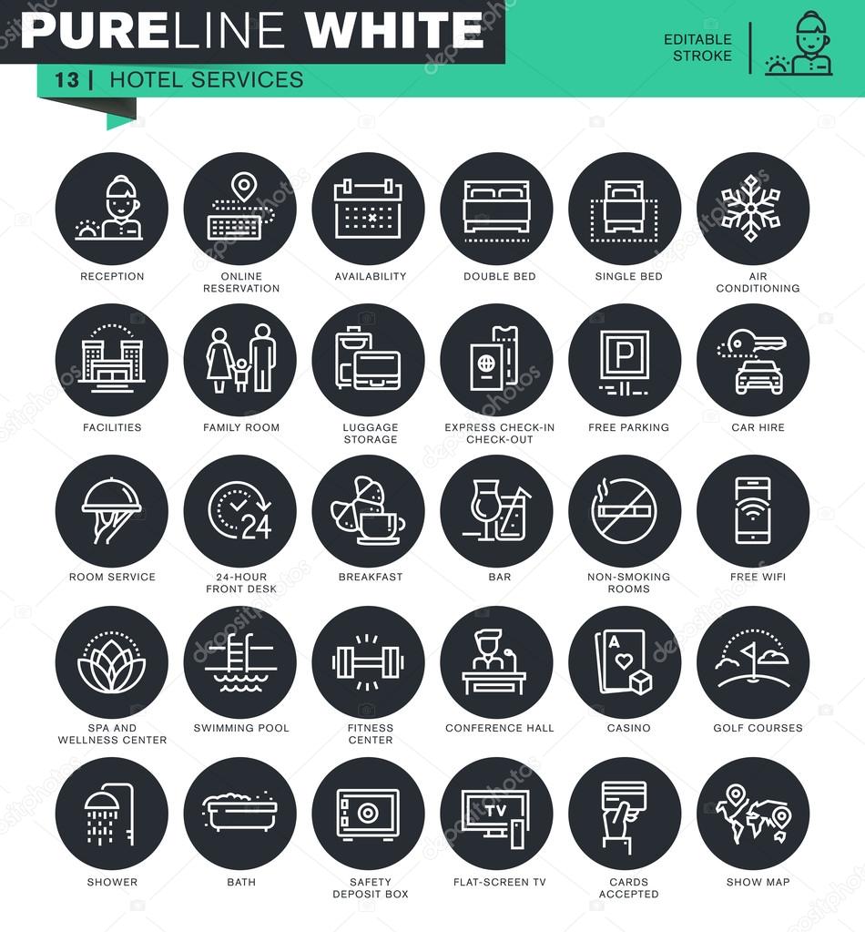 Set of thin line icons for hotel services. Icons for website and mobile website and apps with editable stroke.