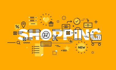 Thin line flat design banner of online shopping, e-commerce, m-commerce