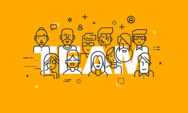 Thin line flat design banner of business people teamwork, human resources, career opportunities, team skills, management