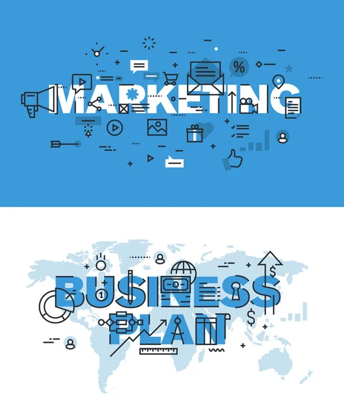 Set of modern vector illustration concepts of words marketing and business plan — Stock Vector