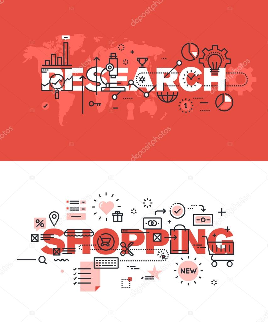 Set of modern vector illustration concepts of words research and shopping