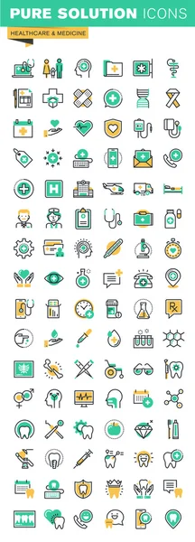 Modern thin line icons set of health treatment services, online medical support, medical research, dental treatment and prosthetic — Stock Vector