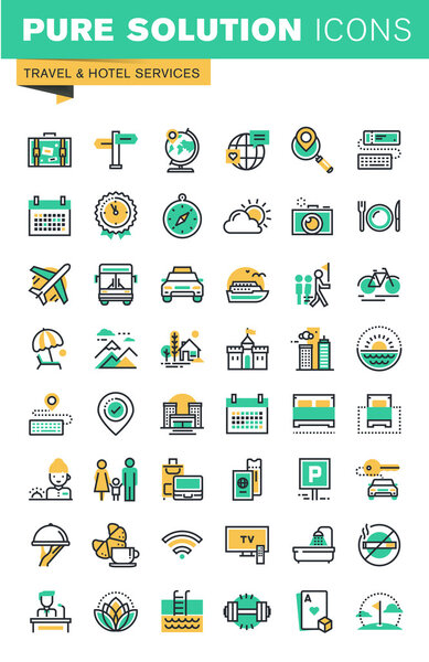 Modern thin line icons set of holidays offer, information about destinations, types of transport, hotel facilities