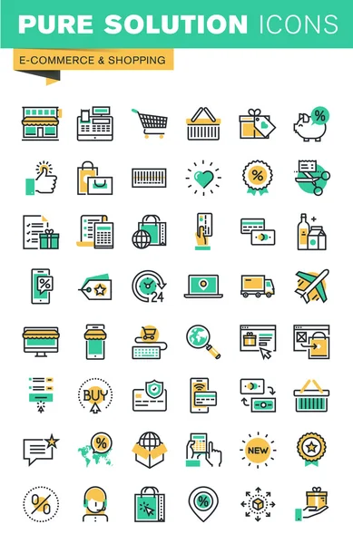 ショッピング、e コマース、配信、オンライン決済、クーポンのモダンな細い線のアイコンを設定 — ストックベクタ