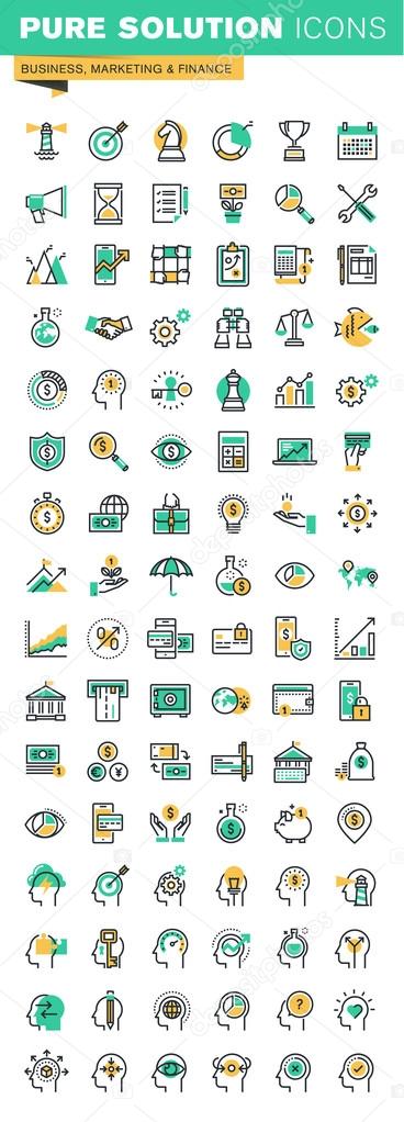 Modern thin line icons set of business management, finance, savings, internet payment security, funding and payment, accounting, human brain process and opportunities, strategy and planning. Outline icon collection for website and app design.