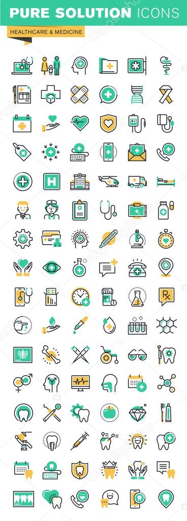Modern thin line icons set of health treatment services, online medical support, medical research, dental treatment and prosthetic. Outline icon collection for website and app design.