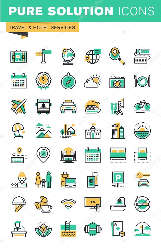 Modern thin line icons set of holidays offer, information about destinations, types of transport, hotel facilities. Outline icon collection for website and app design.