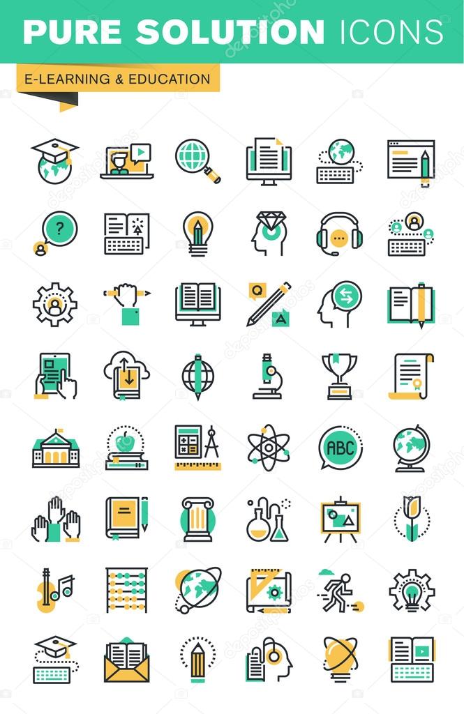 Modern thin line icons set of distance education, online learning, teaching, university and courses, e-book and digital library