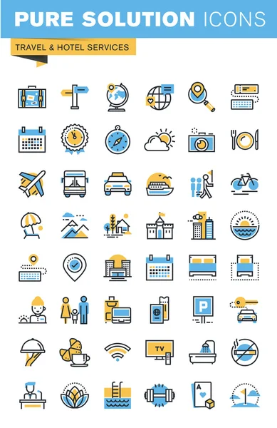 Conjunto de iconos de diseño plano de línea delgada de viajes y servicios hoteleros — Vector de stock