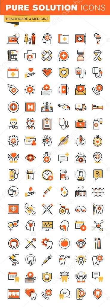 Healthcare thin line flat design web icons collection. Icons for web and app design, easy to use and highly customizable.