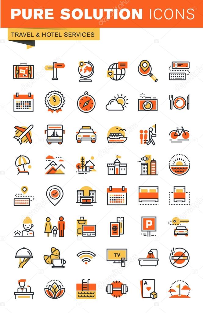 Travel thin line flat design web icons collection. Icons for web and app design, easy to use and highly customizable.