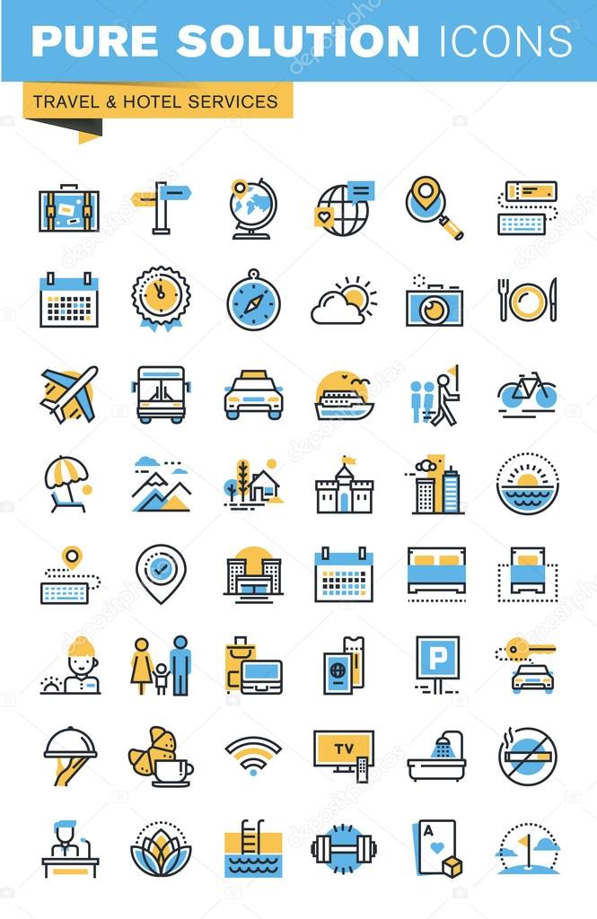 Set of thin line flat design icons of travel and hotel services. Icons for websites, mobile websites and apps, easy to use and highly customizable.