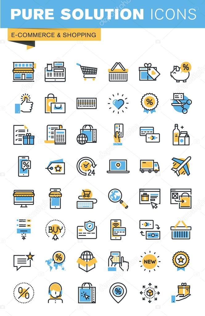 Set of thin line flat design icons of e-commerce and shopping
