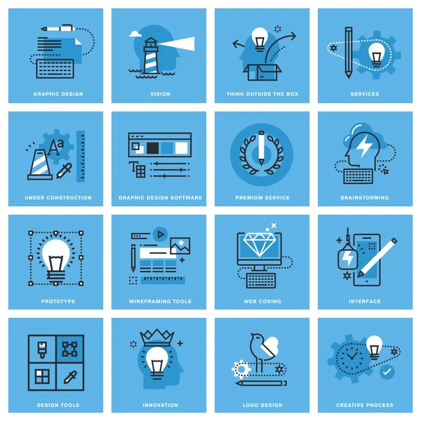 Conjunto de iconos de concepto de línea delgada de diseño gráfico, proceso creativo, diseño web y desarrollo — Archivo Imágenes Vectoriales