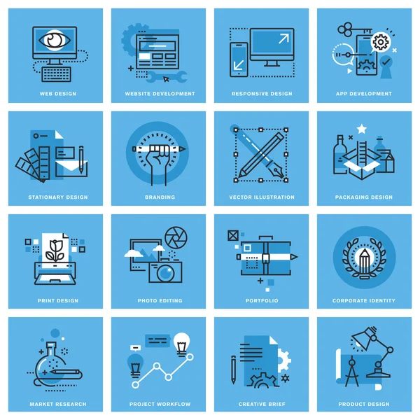 Set of thin line concept icons of different categories of graphic design, website and app design and development, project workflow — Stock Vector