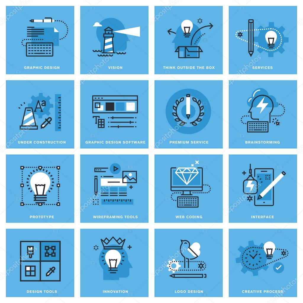 Set of thin line concept icons of graphic design, creative process, web design and development