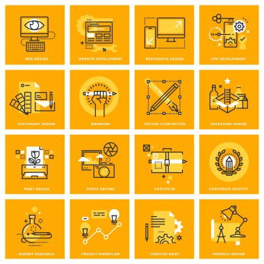 İnce çizgi web simgeleri web tasarım ve geliştirme, duyarlı tasarım, marka, tasarım, sabit ve baskı ambalaj tasarım, fotoğraf düzenleme