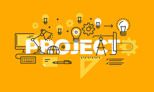 Thin line flat design banner for project web page, project management, presentation of products and services, portfolio of work