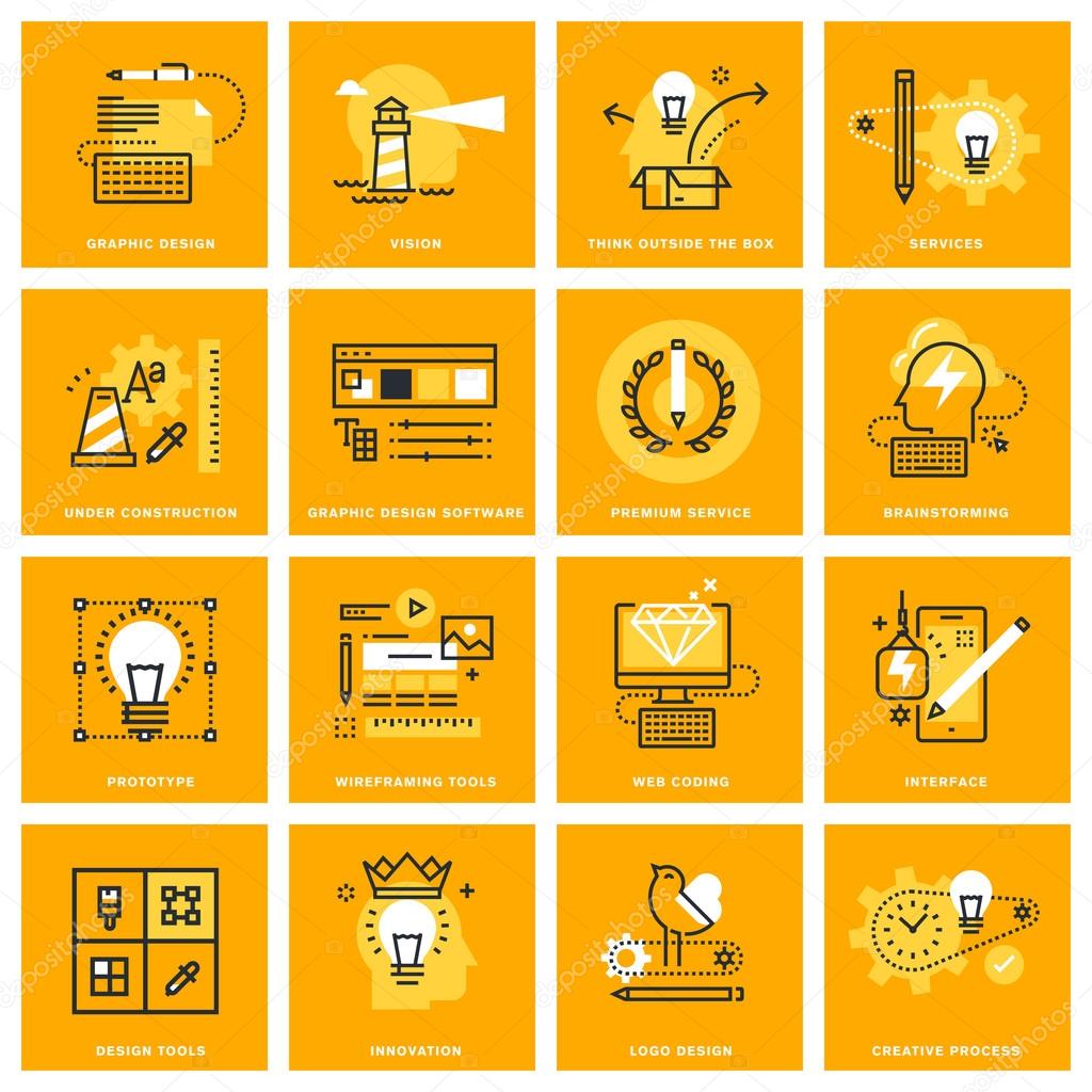 Thin line web icons of design services and tools, web and app development process and tools