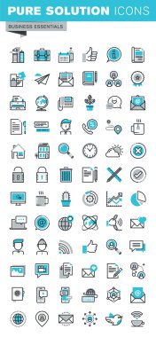 Çağdaş ince çizgi düz tasarım Icons set iş iletişim ve teknoloji, office öğeleri, internet reklam ve güvenlik, temel şirket bilgilerini