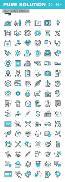 Conjunto de iconos de diseño plano de línea delgada moderna de suministros médicos, diagnóstico y tratamiento de la salud, pruebas de laboratorio, servicios dentales, equipos y productos — Vector de stock