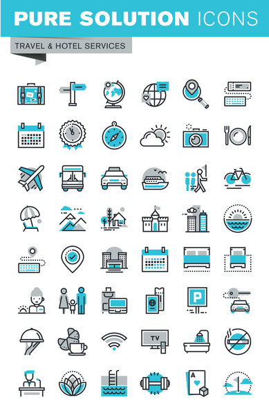Modern thin line flat design icons set of travel and tourism signs and objects