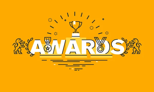 Thin line flat design banner for awards web page, information about awards for the quality of products and services, humanitarian work, success in business Stock Vector