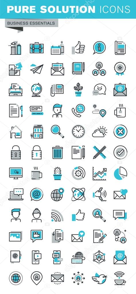 Modern thin line flat design icons set of business communication and technology, office items, internet advertising and security, basic company information