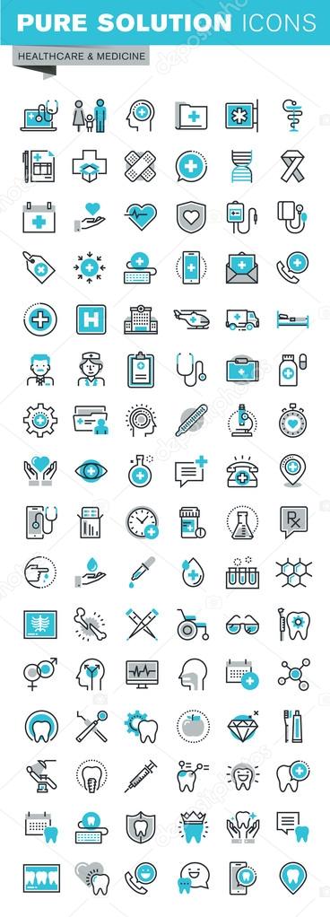 Modern thin line flat design icons set of medical supplies, healthcare diagnosis and treatment, laboratory tests, dental services, equipment and products. Outline icon collection for web graphic.
