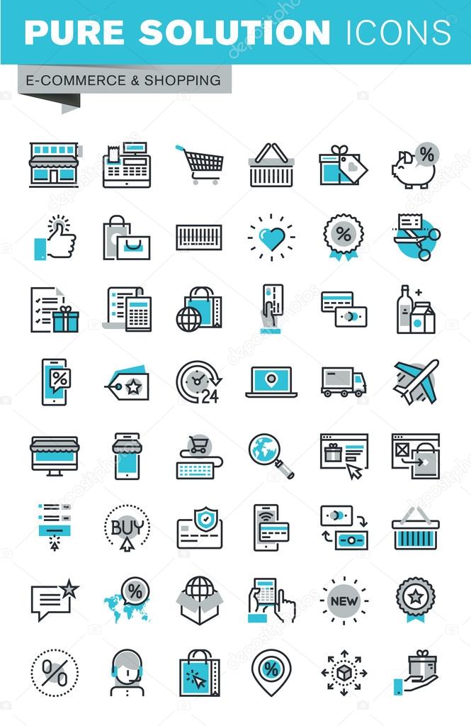 Modern thin line flat design icons set of online shopping, online payment and security, product delivery, customer support. Outline icon collection for web graphic.