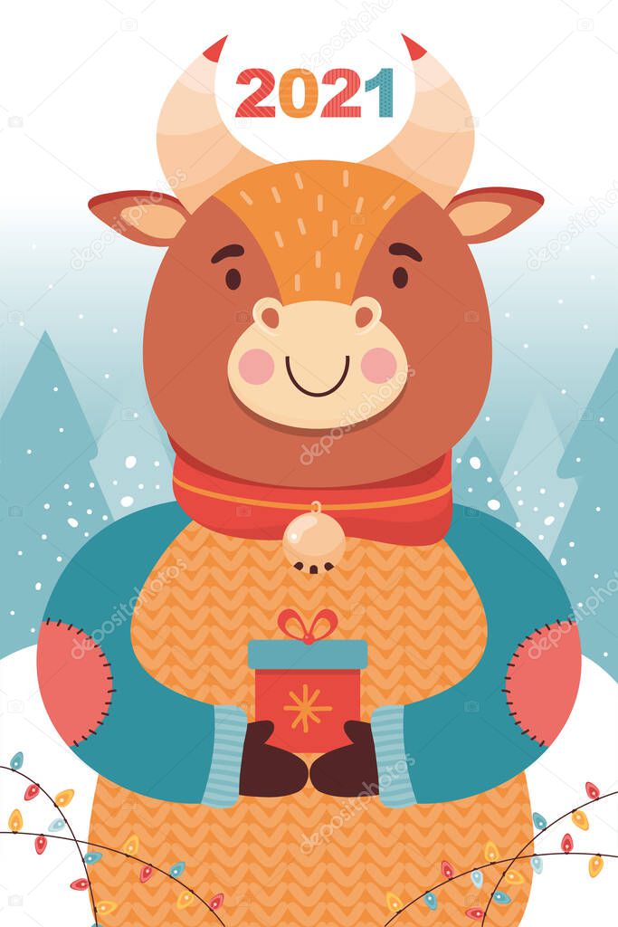 New year or Christmas card. Cute bull with gift in the winter coniferous forest. Symbol 2021 year ox. Funny cartoon animal character on the background of winter landscape. Festive vector illustration