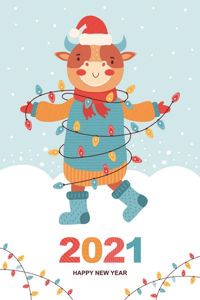Набір Різдвяних Щасливих Новорічних Карт Веселий Буйвол Зимовому Одязі Санта — стоковий вектор
