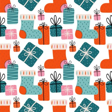 Mutlu Noeller ve yeni yılınız kutlu olsun. Noel örgü çorabı ve bir sürü hediyeyle şenlikli bir arka plan. İskandinav tarzında bir Noel illüstrasyonu. Vintage renk paleti