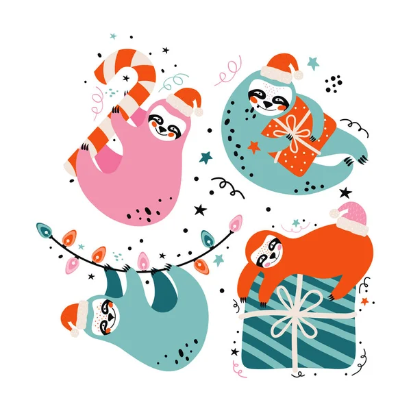 Σετ χαριτωμένα τεμπέλικα sloths σε κοστούμια Άγιος Βασίλης με δώρα, γλυκά και εορταστικά στοιχεία. Καλά Χριστούγεννα και Καλή Χρονιά ευχετήρια κάρτα. Κινούμενα σχέδια αστεία αρκουδάκια. Εικόνα διανύσματος διακοπών. — Διανυσματικό Αρχείο