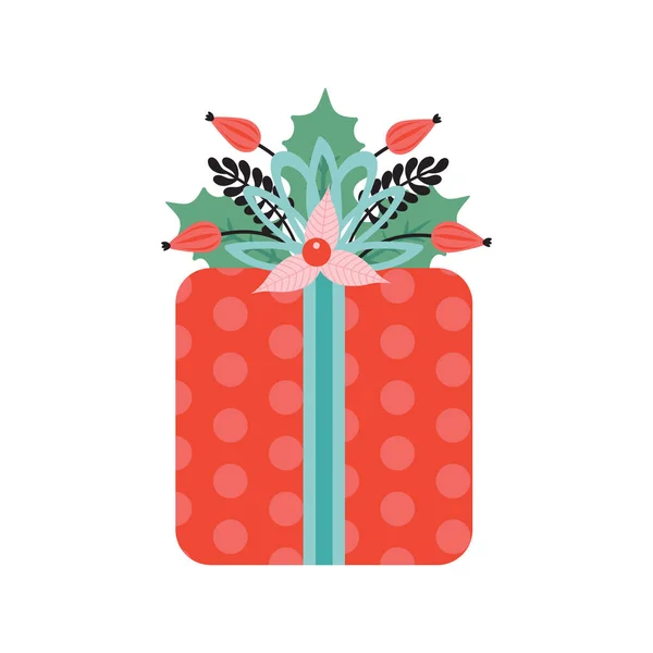 Cadeau Avec Arc Est Décoré Avec Des Éléments Floraux Noël — Image vectorielle