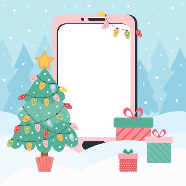 Yeni yıl ve Noel arkaplanında boş ekranlı akıllı telefon şablonu. İçinde Noel ağacı ve hediyeler olan kış manzarası. Dokunmatik ekranlı ve boş arayüzlü cep telefonu. Tatil online
