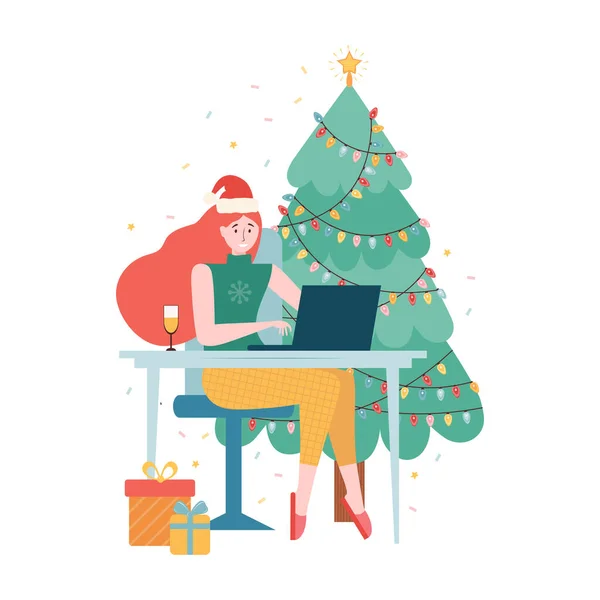 Fête Internet Noël Ligne Fête Nouvel Quarantaine Fille Dans Chapeau — Image vectorielle