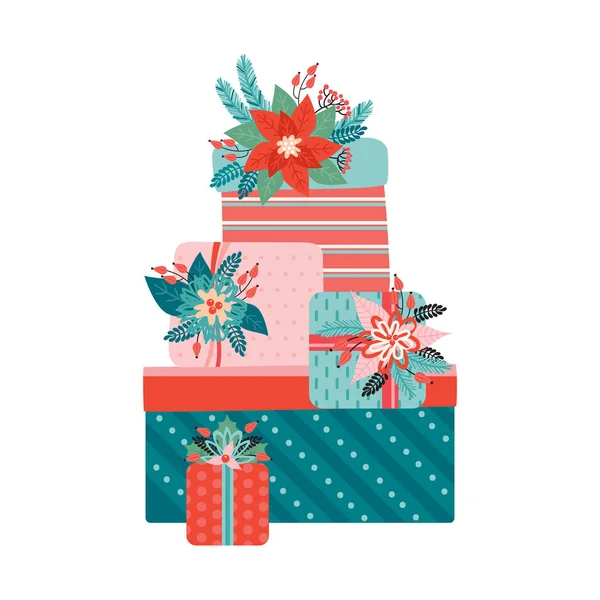 Grande pile de cadeaux colorés avec un arc est décoré avec des éléments floraux de Noël. Joyeux Noël et nouvel an. Poinsettia, aiguilles, fleurs, feuilles, baies. Style rétro tendance. Illustration vectorielle — Image vectorielle