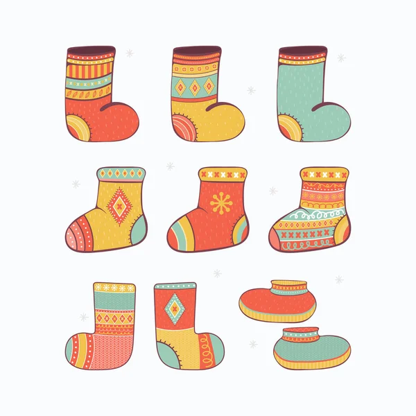 Conjunto navideño de calcetines cálidos de punto y zapatos de invierno. Invierno elegante ropa de lana con adornos noruegos. Paquete de prendas de moda. Ropa moderna. Dibujos animados vector ilustración. — Vector de stock