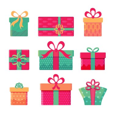 Beyaz arka planda izole edilmiş fiyonklu farklı hediye kutuları. Yeni yıl hediyeleri, Noel, doğum günü. Tatil eşyaları koleksiyonu. Düz çizgi film tarzında kutlama vektör illüstrasyonu