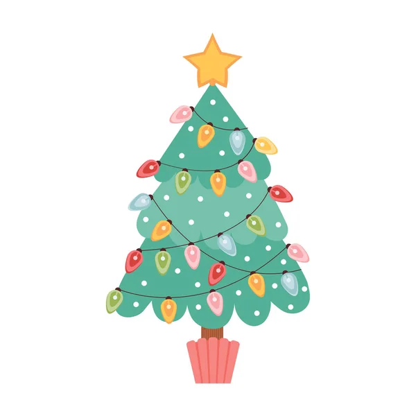 Árbol Navidad Está Decorado Con Guirnaldas Estrellas Árbol Feliz Navidad — Vector de stock