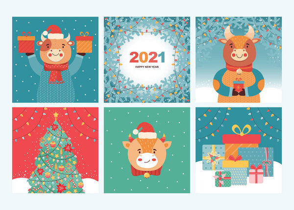 Набор праздничных новогодних открыток и баннеров. Смешные быки с подарками, елкой, сосновыми ветвями, праздничными гирляндами. 2021 Новый год символизирует быка. Векторная иллюстрация.