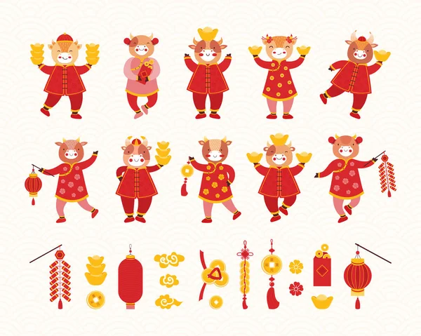 Collectie Chinees Nieuwjaar 2021. artoon kinderen stieren in rood traditionele Chinese kleding en Aziatische geluk symbolen. Symbool van de nieuwjaars os. Verschillende vakantie items. Handgetekende vectorillustratie. — Stockvector