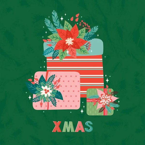 Frohe Weihnachten und ein gutes neues Jahr quadratische Grußkarte oder Banner im Retro-Stil. Stapel von Geschenken, geschmückt mit Tannenzweigen, Stechpalmenblättern, roten Beeren und Weihnachtsstern. Weihnachtlicher Grußtext. Designvorlage — Stockvektor