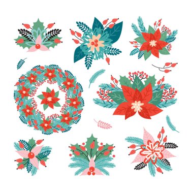 Bitki dekoratif elementlerden oluşan Noel tatili düzenlemelerini ayarlayın. Mutlu Noeller ve mutlu yıllar. Noinsettia, Needles, çiçekler, yapraklar, böğürtlen, ladin dalı. Retro biçiminde resim.