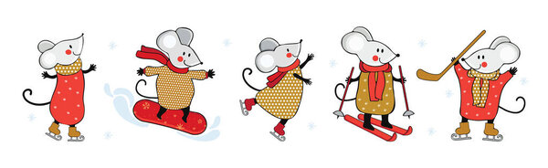 Милые маленькие мыши занимаются зимними видами спорта. Мультфильм персонаж крысиные коньки, сноуборды, лыжи, играет в хоккей. Развлечения и активный отдых во время рождественских и новогодних праздников. Векторная иллюстрация.