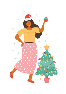 Noel Baba şapkalı, beyaz kutulu mutlu bir genç kadın. Noel ağacı hediyesinin yanındaki çizgi film kadın karakteri. Yeni yıl ve Noel kutlamaları. El çizimi vektör illüstrasyonu