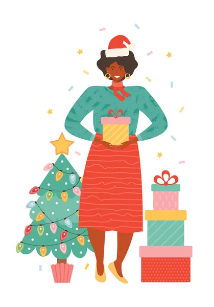 Mulher Afro Americana Feliz Chapéu Pai Natal Com Caixas Presente — Vetor de Stock