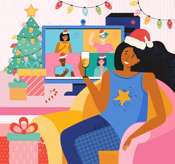 Des amis heureux célèbrent Noël et la nouvelle année. Fun home online party. Fille dans un chapeau de Père Noël communique avec des amis par un appel vidéo. Personnes se réunissant en ligne par vidéoconférence sur un ordinateur — Image vectorielle